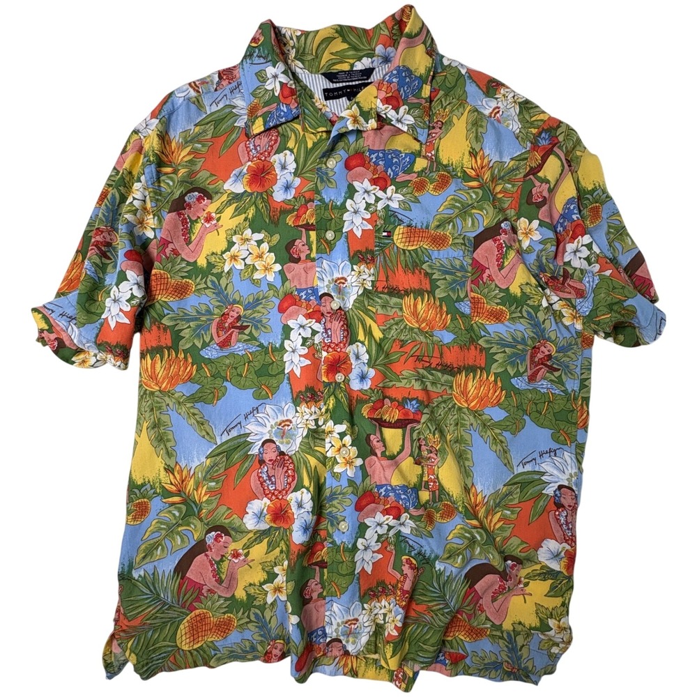 Large mens Hawaiian Shirt‎ Hula girl Tropical floral tiki Tommy Hilfiger aloha